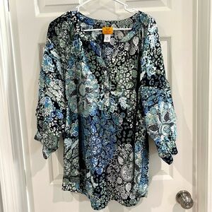 Ruby Rd. Women Peasant Boho Blue Green Patterned Top Plus Size 2X V-Neck Button